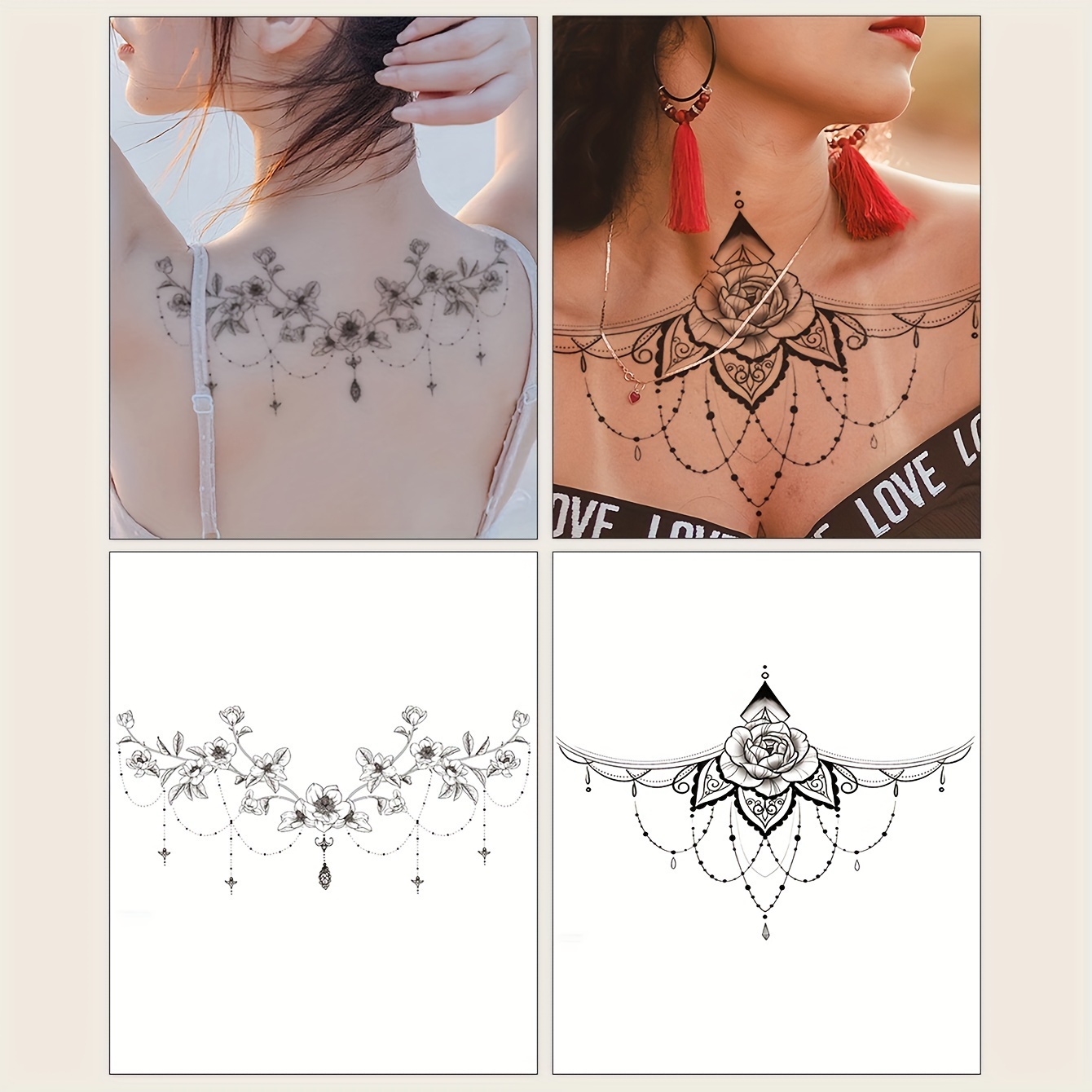 

2 Sheets Temporary Tattoo, Floral Print And Pendant Pattern Chest Belly Back Large Tattoo Sticker Lasting 2-5 Days Waterproof Simulated Tattoo Sticker