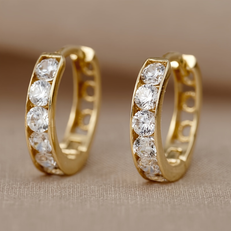 

Shiny Hoop Earrings 18k Gold Plated Embellished With Zirconia Elegant Simple Style For Women Daily Party Ear Decor