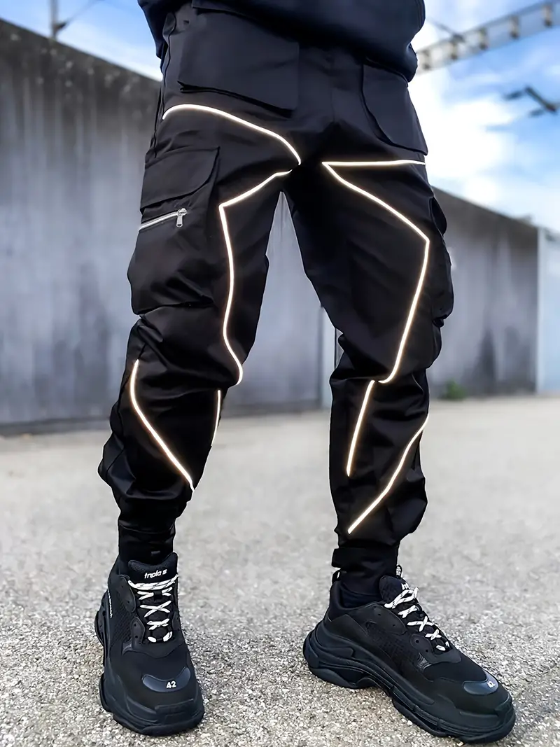 Pocket Solid Midi Trousers, Men's Sports Non-Stretch Loose Brand Multi Pockets Trend Reflective Cargo Pants,Men Tactical Pants,Temu