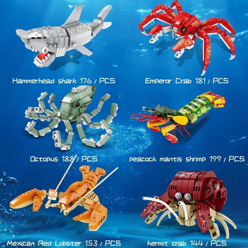 144pcs+ Modèle D'animaux Marins Crabe Royal Requin Marteau Homard