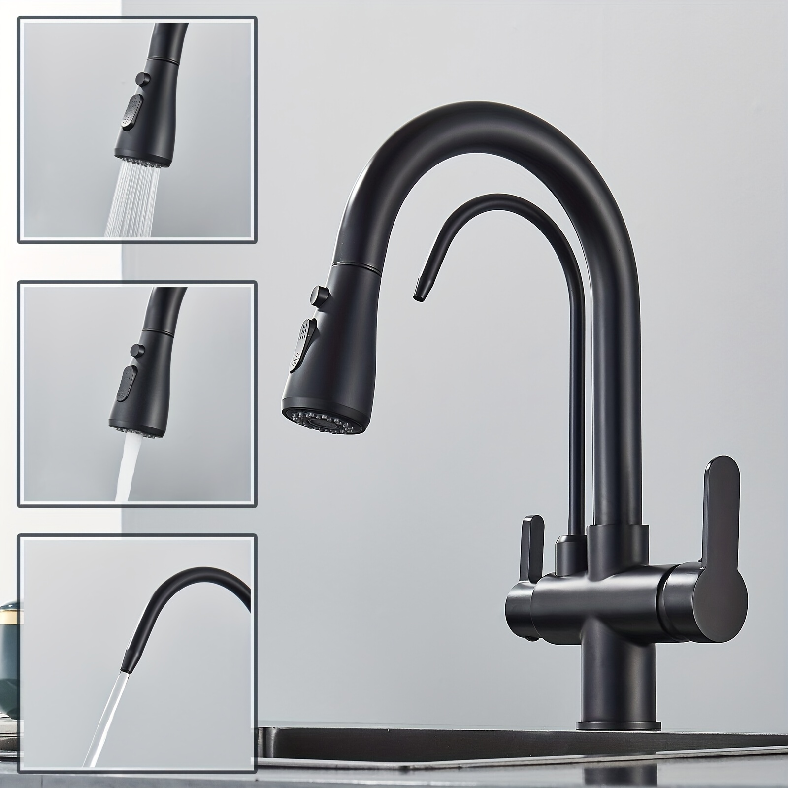 Black Kitchen Sink Pull Out Faucet 3 Way Swivel Pure Drinking Filter Water  Taps