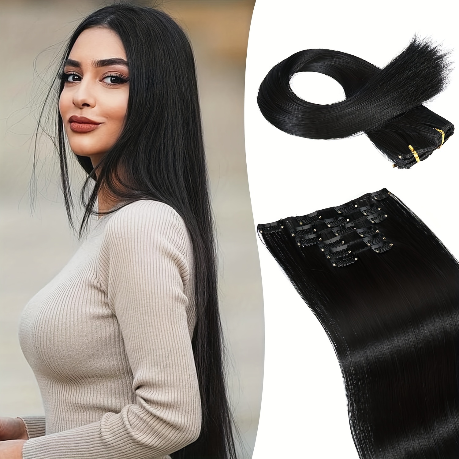 V-Shape Clip In Human Hair Extensions One Piece Weft 3/4 Full Head Thick  16-20