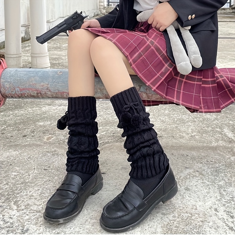 Pompom Knitted Leg Warmers match Knee High Socks - Temu