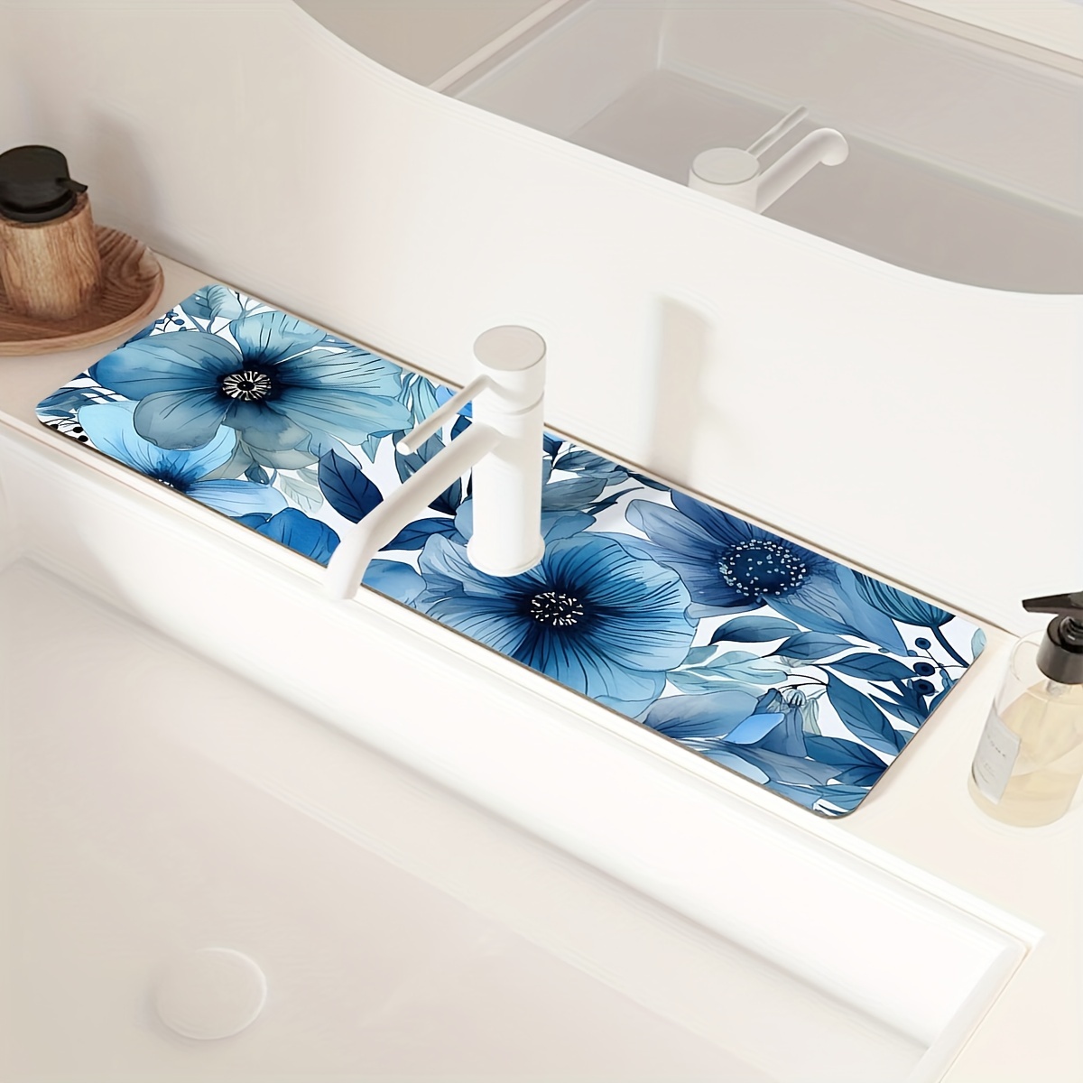 1pc Floral Sink Faucet Absorbent Mat Drainage Pad Kitchen Bathroom Sink Pad  Countertop Drain Pad Diatomaceous Washbasin Mud Cuttable Quick Drying Pad, Save Money On Temu