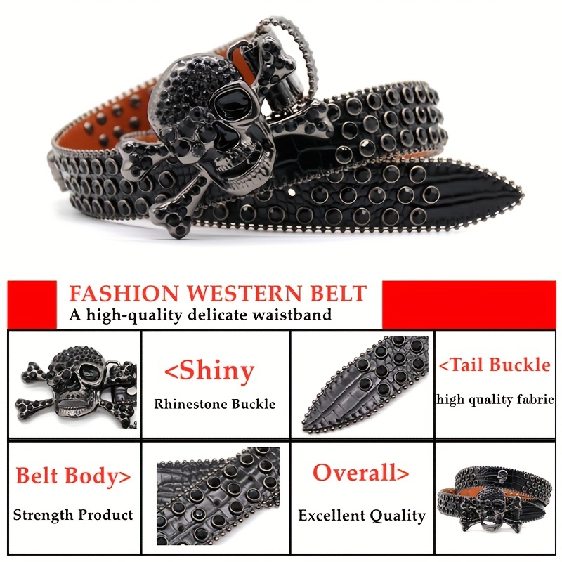 Fashion Cowboy Cowgirl Belt Shiny Black Red Rhinestone PU Skull Waist Belt for Women Men Unisex Hip