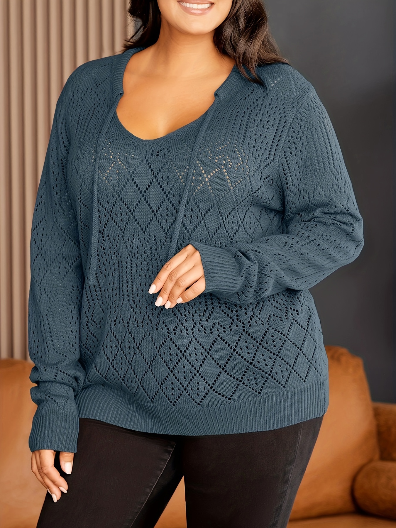 Plus Size Casual Sweater Women's Plus Solid Pointelle - Temu