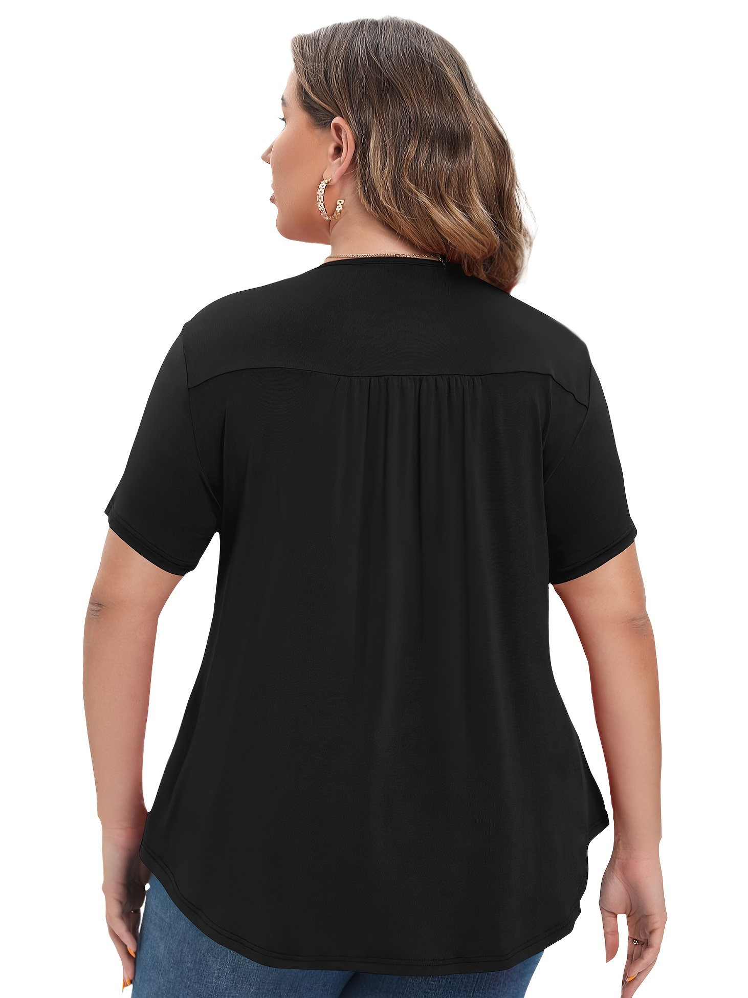 Plus Size Casual T-shirt, Mujeres Plus Sólido Lettuce Trim Manga De Linterna  Cuello Redondo Top De Estiramiento Medio - Temu