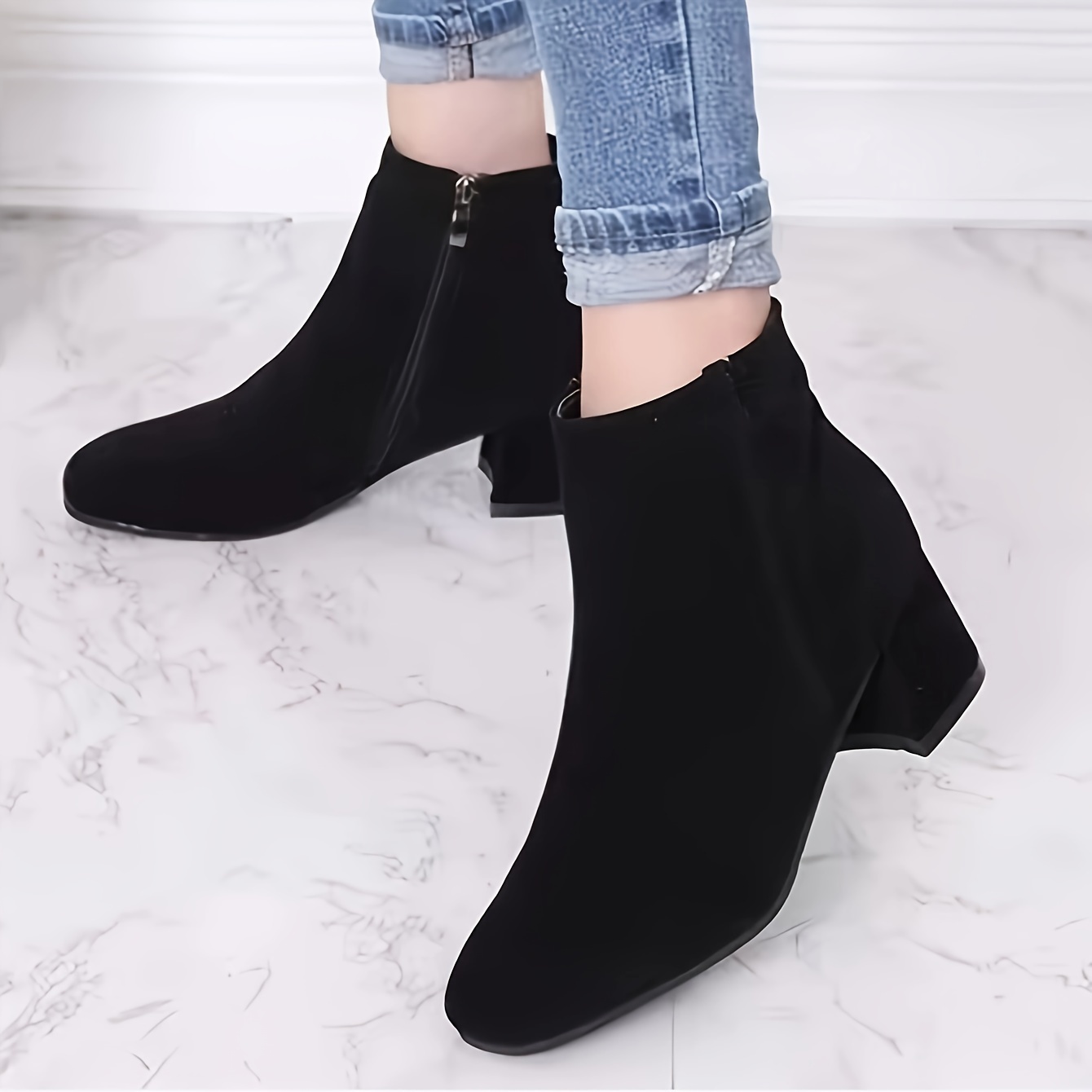 Women's Solid Color Block Heeled Ankle Boots, Side Zipper Short Boots,  Women's Footwear