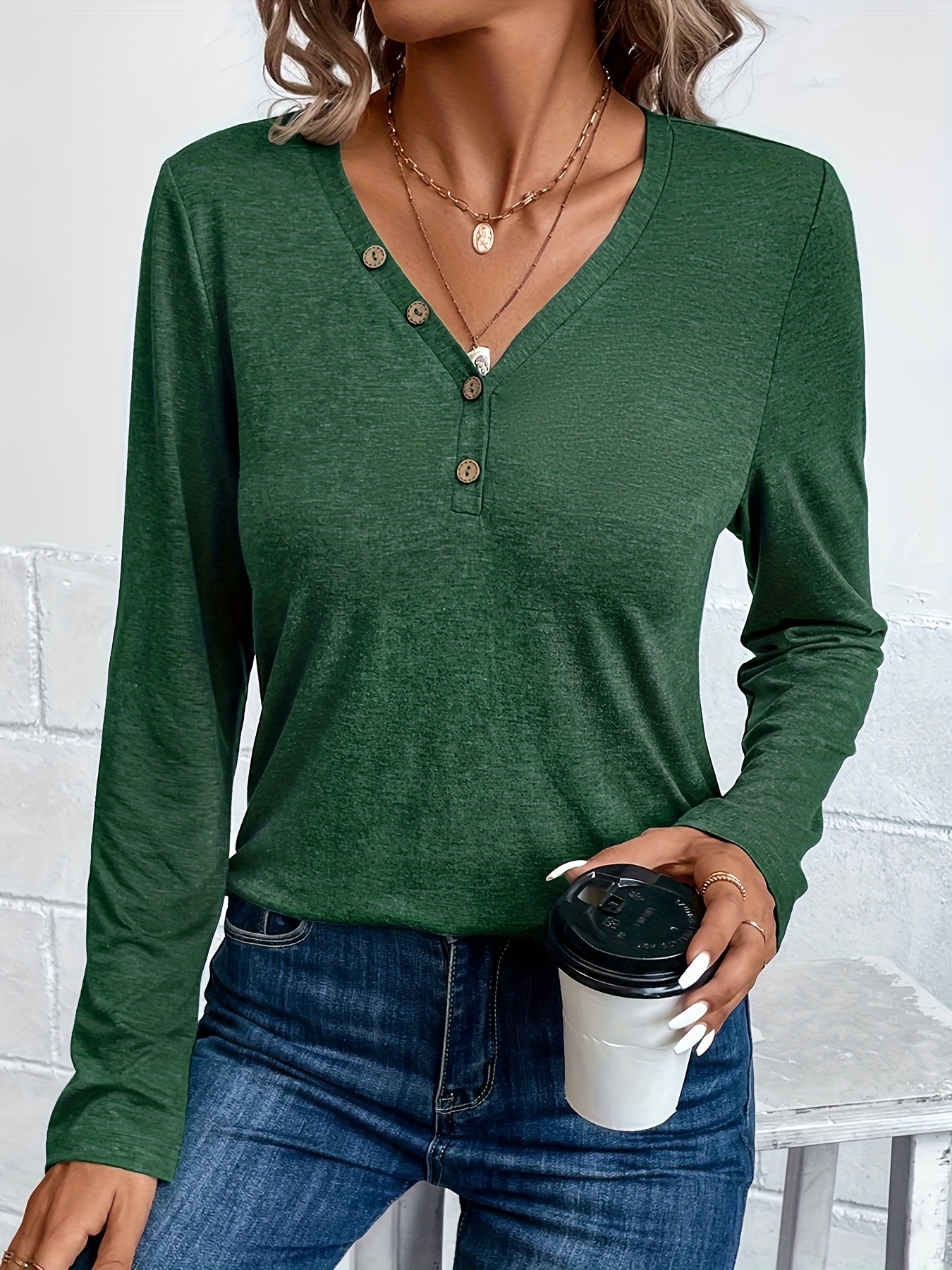 Solid Simple Blouse Casual V Neck Long Sleeve Blouse Women's - Temu