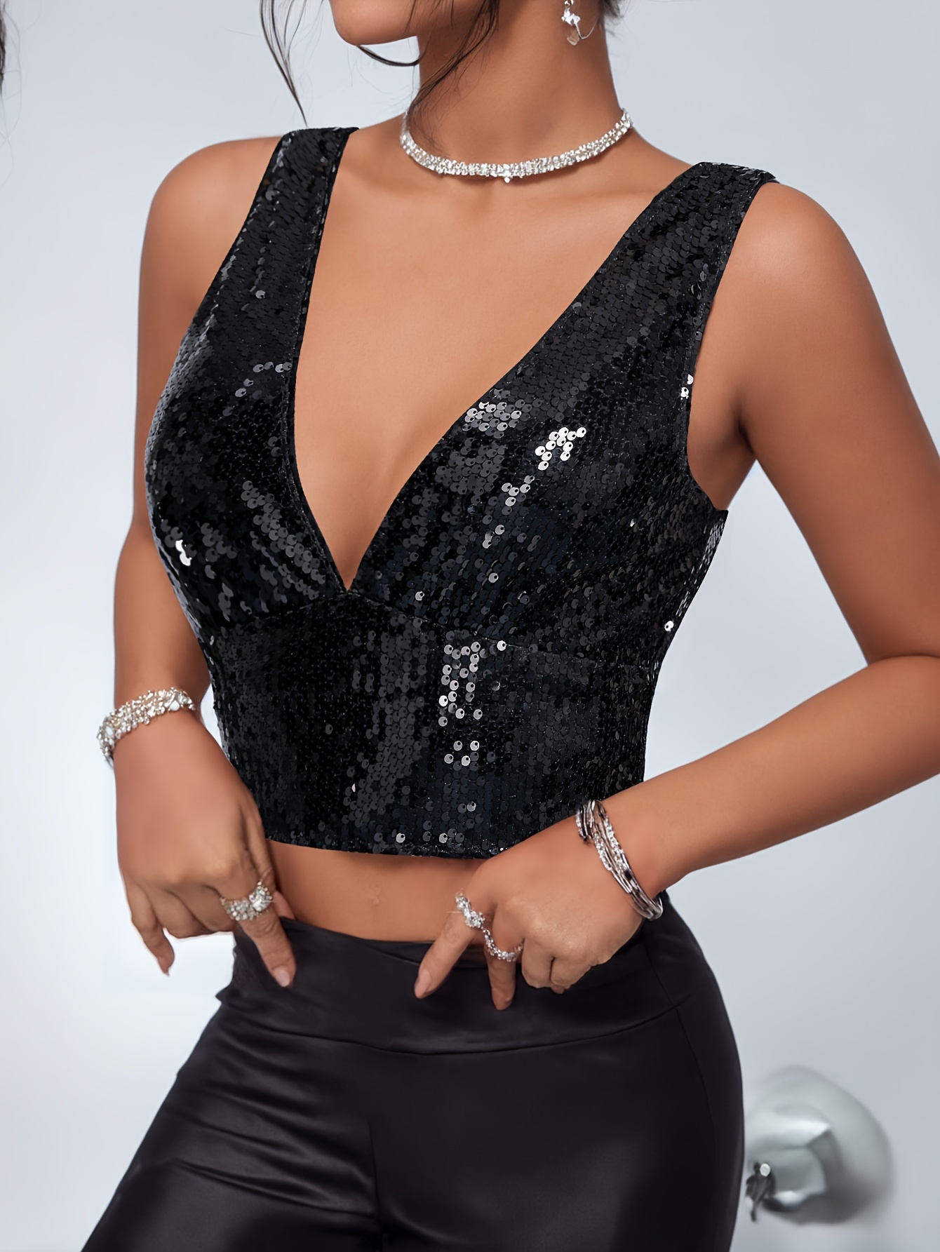 Sequined Deep V neck Tank Top Sleeveless Zip Back Party Wear - Temu