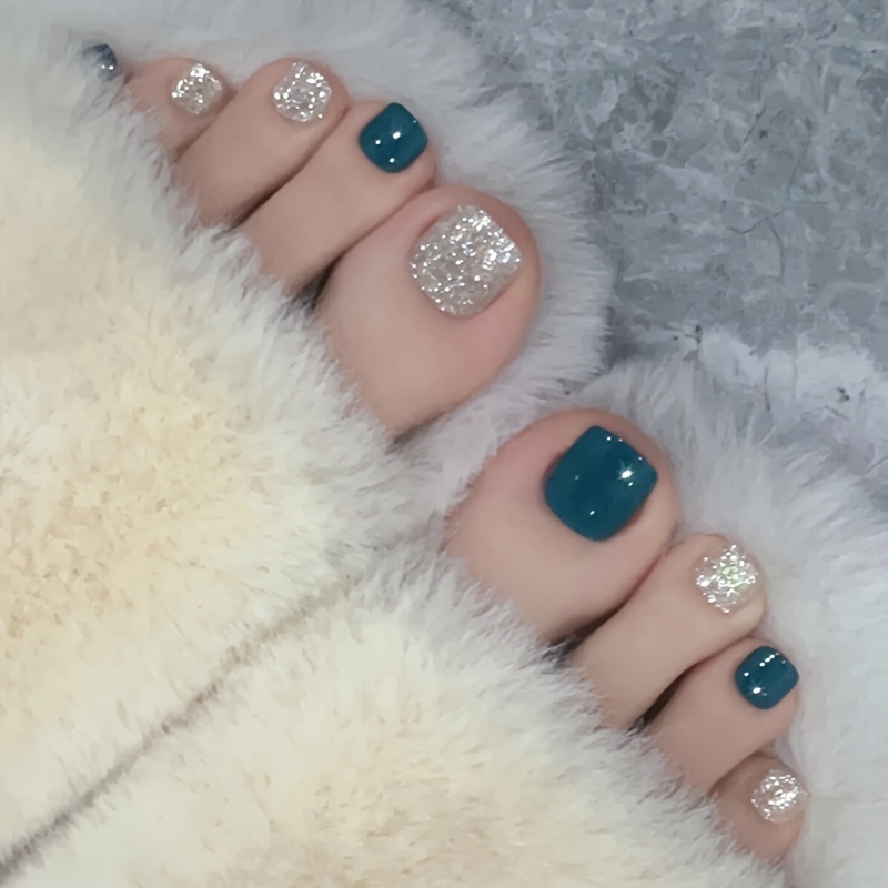 TEMU 24pcs Glossy Square Short Toenail Art Fake Nails, Contrast Silvery Design, Shimmering Toe Caps Removable For Women And