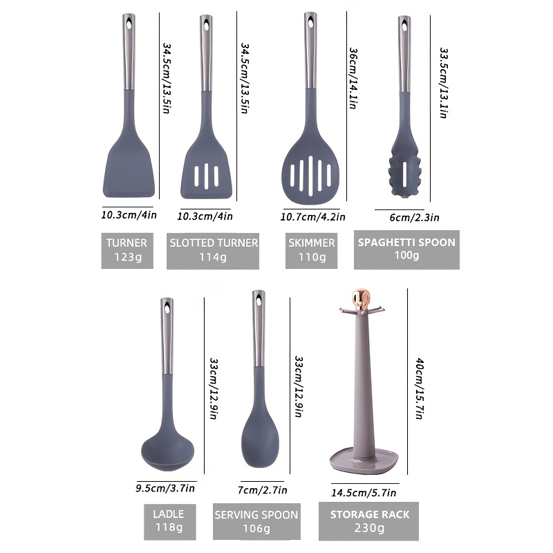 Dishwasher Safe Silicone Cooking Utensils - Heat Resistant Kitchen Utensil  Set with Stainless Steel Handle, Spatula,Turner, Slotted Spoon,Tong, Kitchen  Gadgets for Non-Stick Cookware, BPA FREE (Grey) 