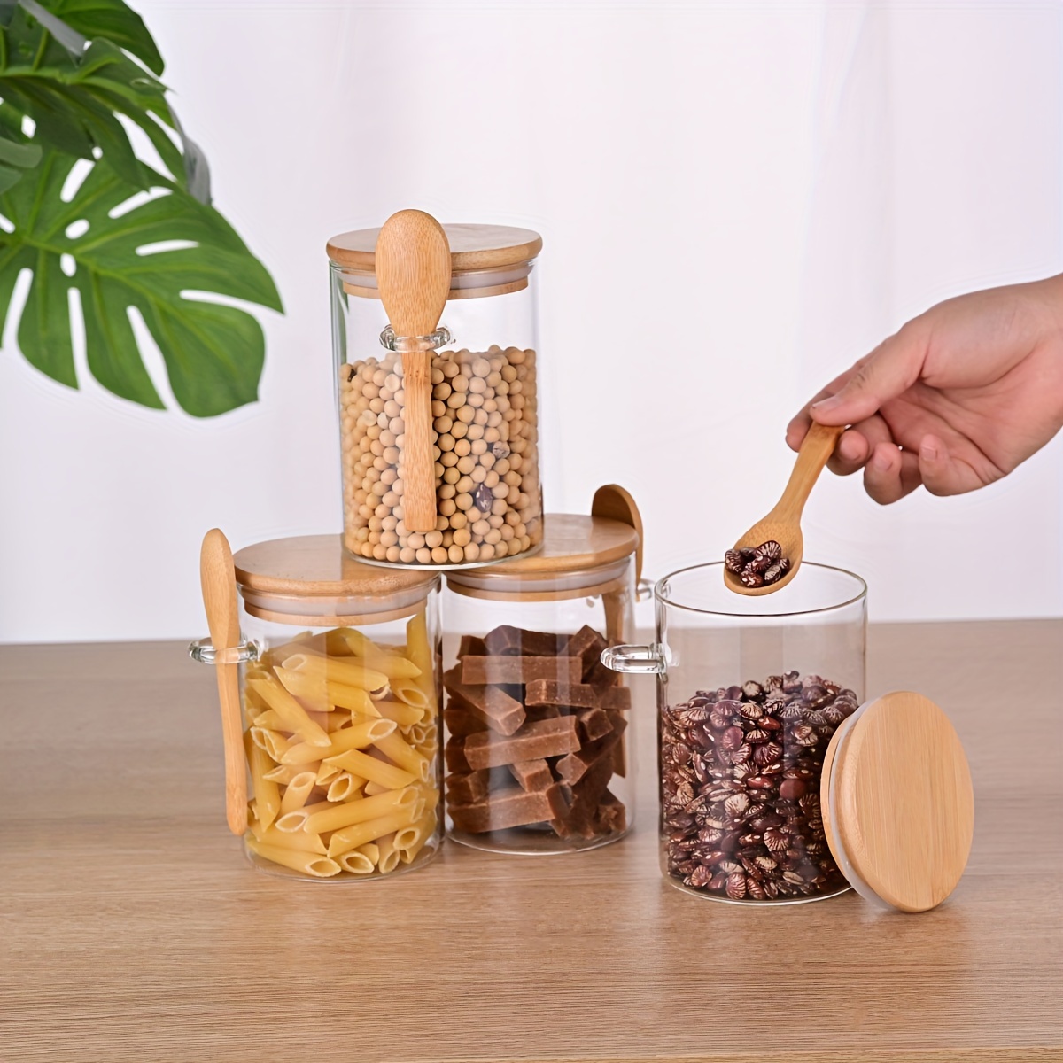 6 Pcs 12/20/34 oz Round Glass Jars with Airtight Bamboo Lids Spoon