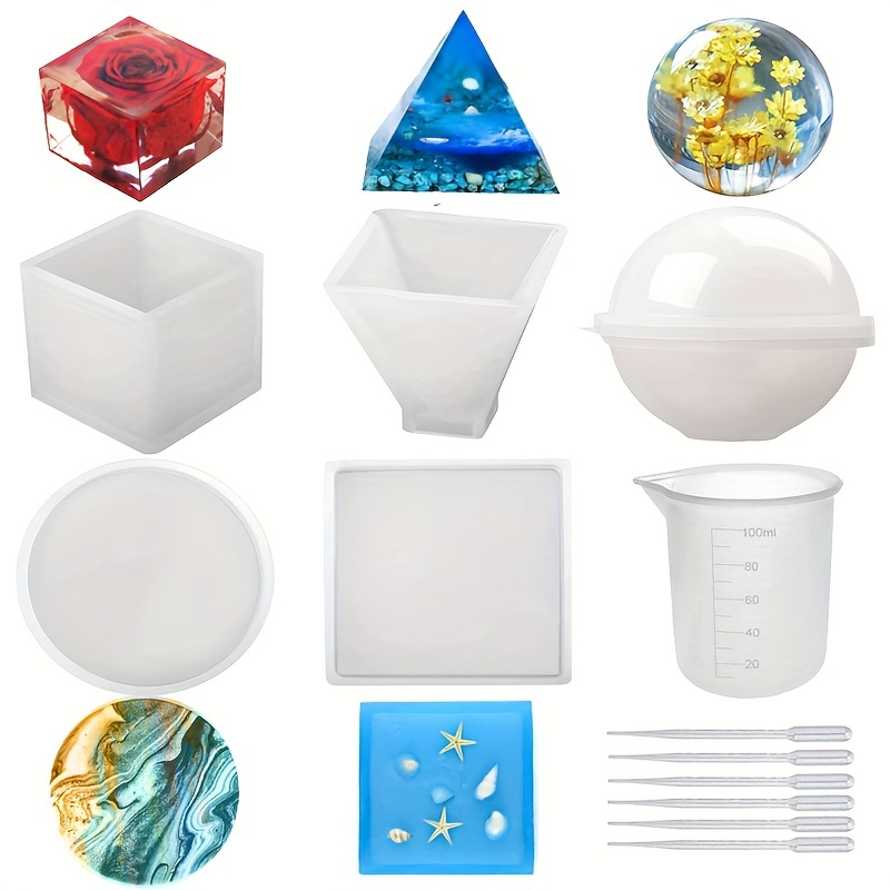 Moldes de resina de silicona, 5 moldes de fundición de resina,  incluyendo esfera, cubo, pirámide, cuadrado, redondo con 1 taza medidora y  5 pipetas de transferencia de plástico para resina epoxi