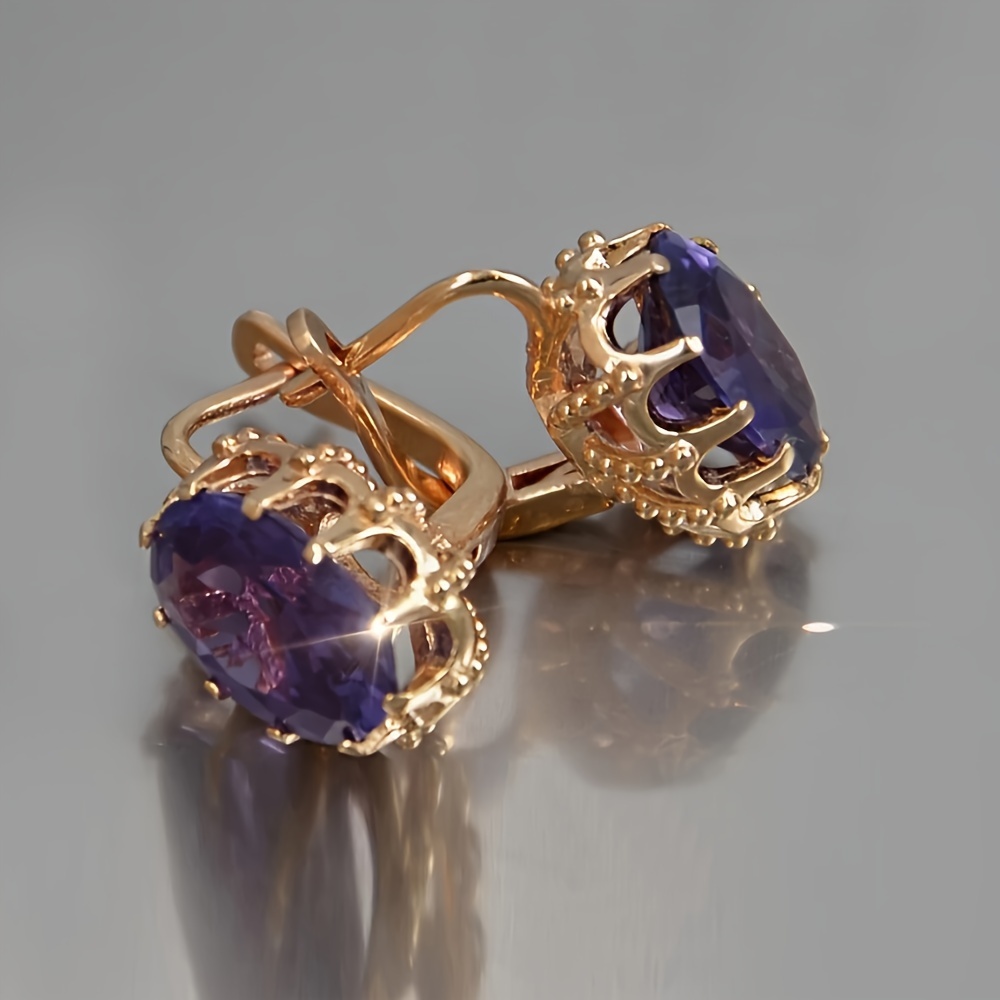 

Tiny Hoop Earrings Copper 18k Gold Plated Jewelry Embellished With Purple Synthetic Gems Elegant Female Gift