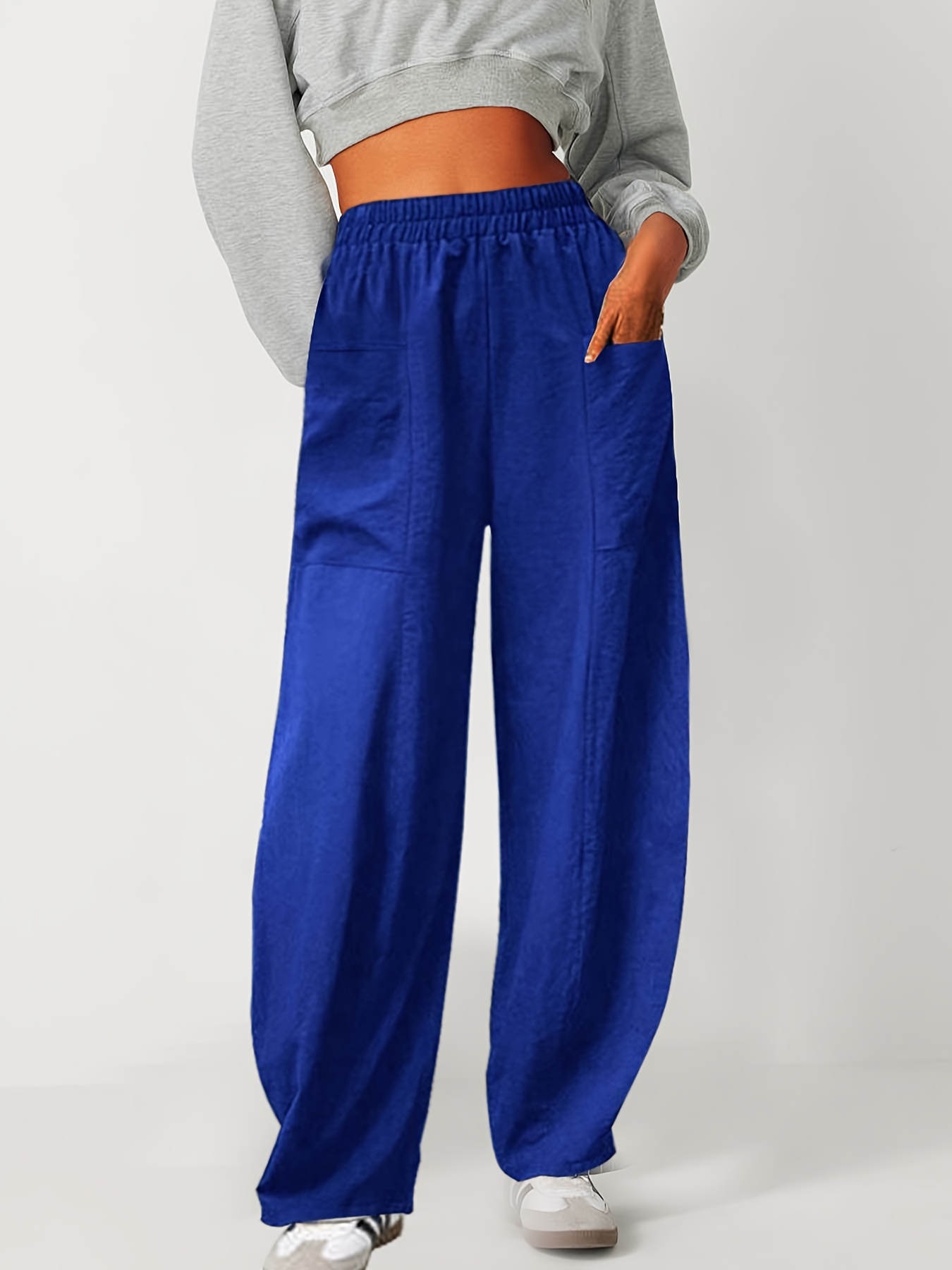 Boho Solid Elastic Waist Harem Pants Casual Long Length - Temu Canada