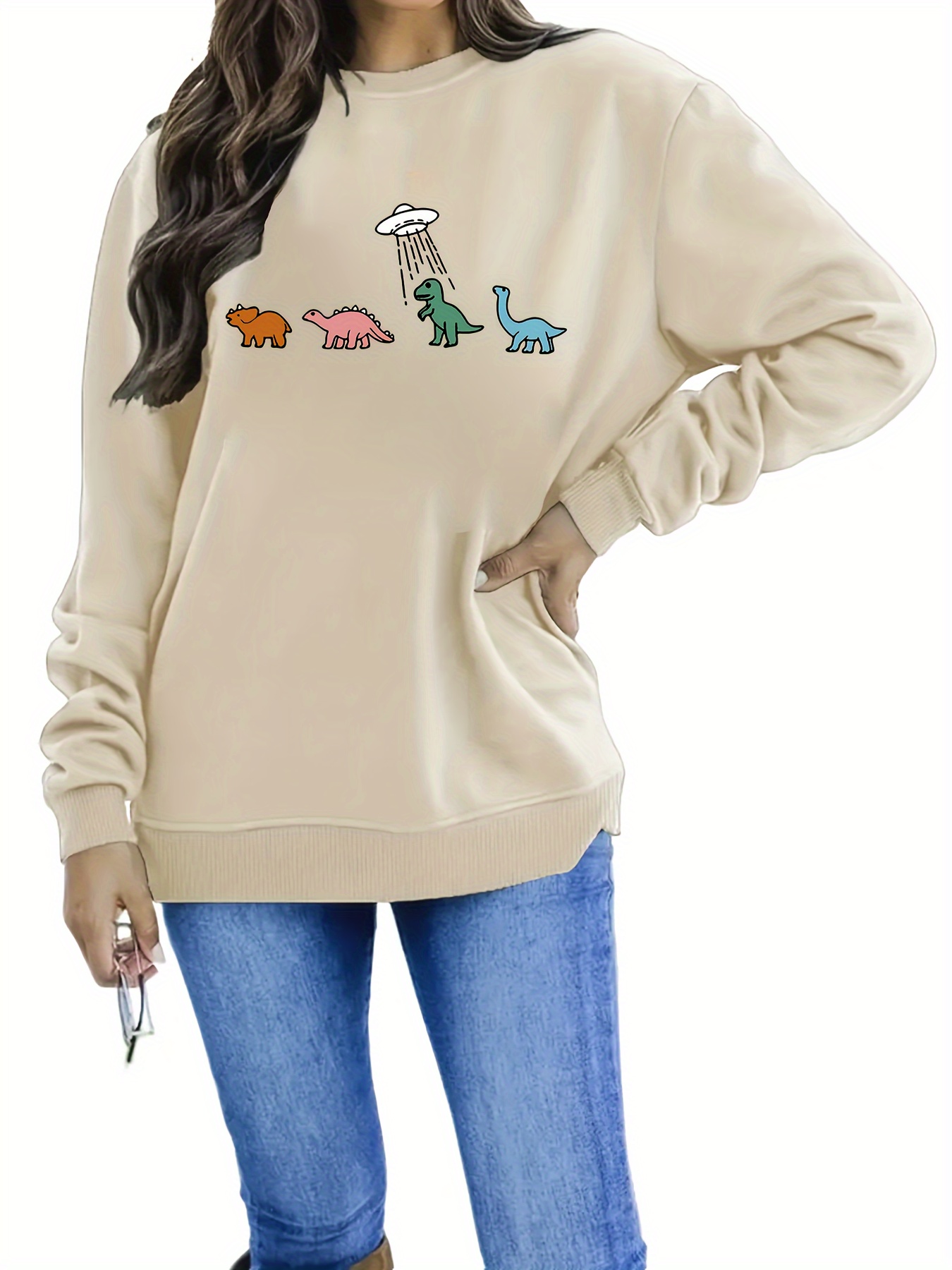 Plus Size Casual Sweatshirt, Women's Plus Colorful Dinosaur Print Long  Sleeve Crew Neck Stretch Pullover Sweatshirt, Casual For Fall Win