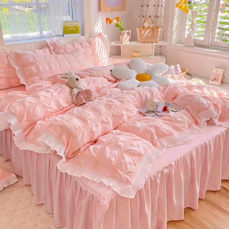 Sheer Pink Bed Skirt Style Duvet Cover Set In Light Pink Temu