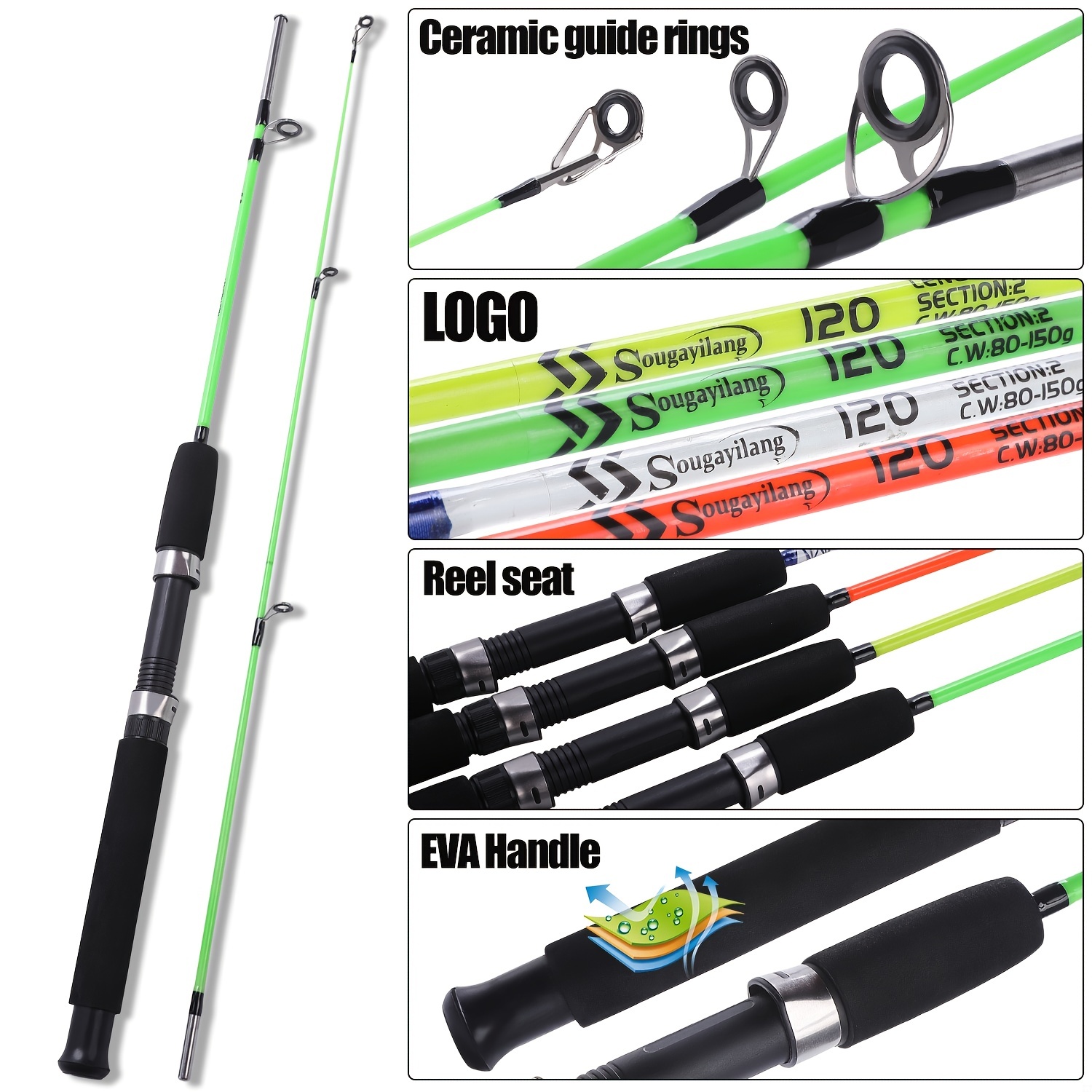 Fishing Pole, 2PC Spinning Rod with EVA and Cork Handle Grip, Baitcasting  Rod