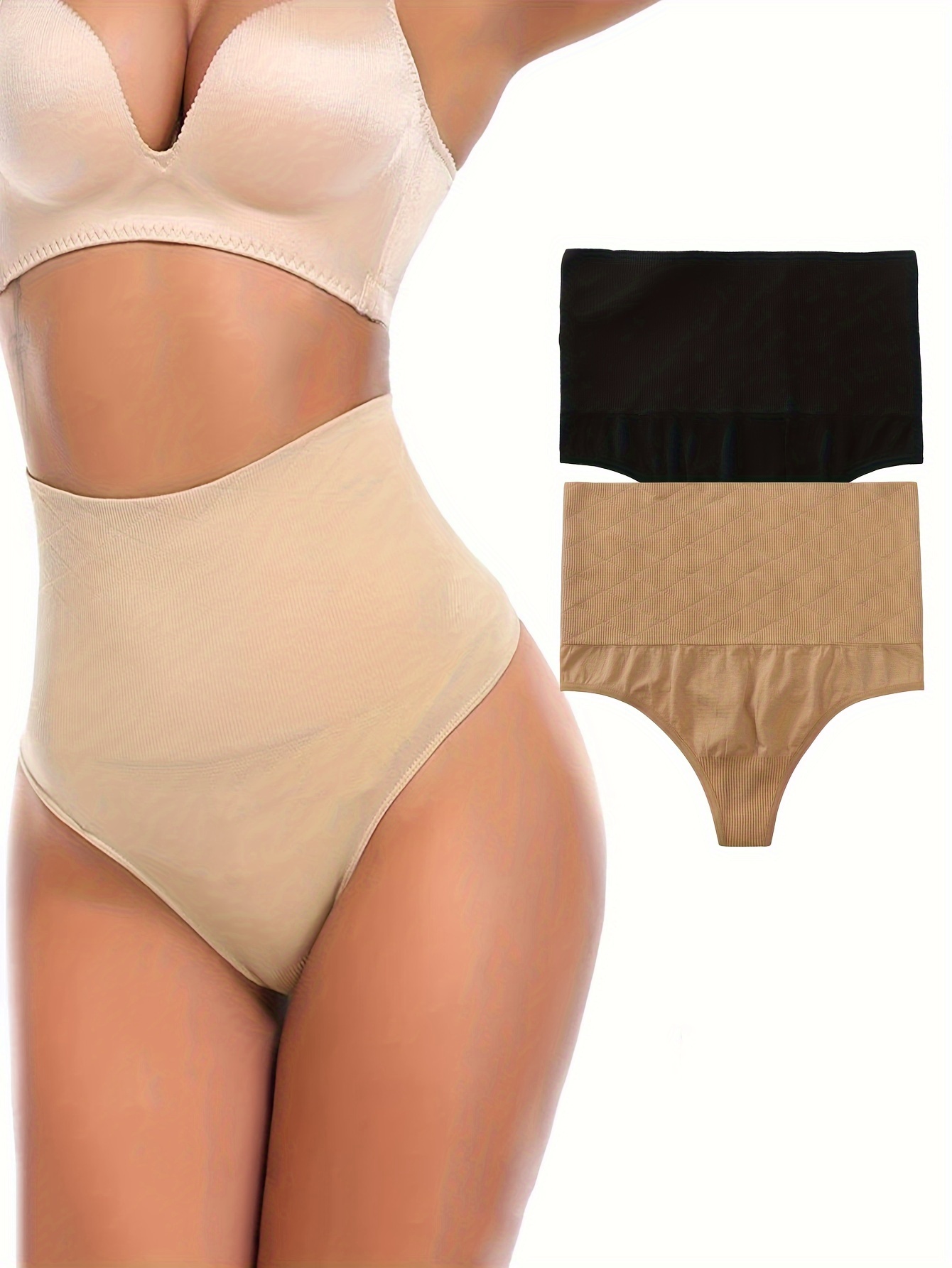 2pcs High Waist Shaping Thongs, Tummy Control Compression Slimming Panties,  Women's Underwear & Shapewear