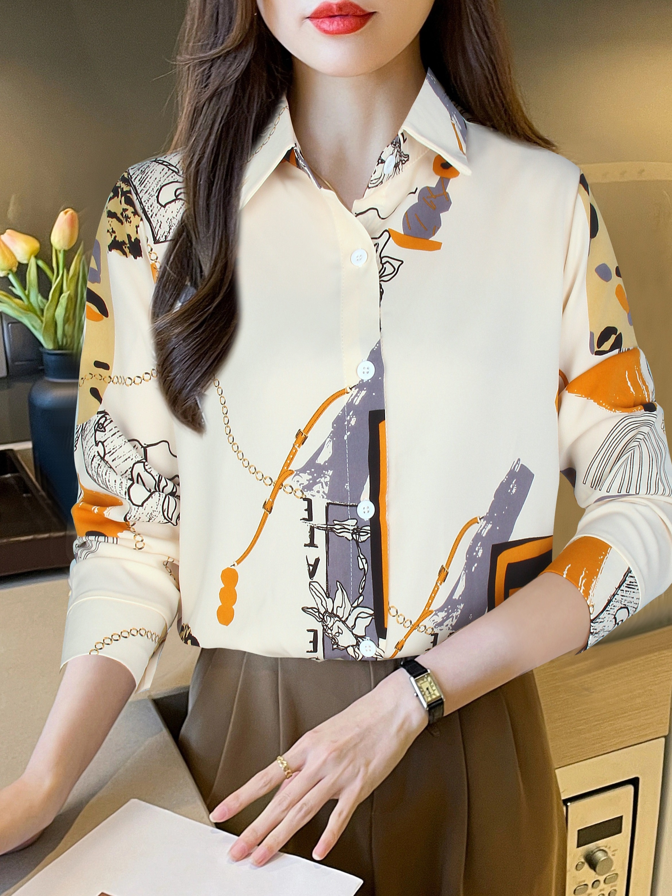 Blusa Solapa De Mangas Largas Para Mujer Camisa De Trabajo Oficina Elegante  Moda