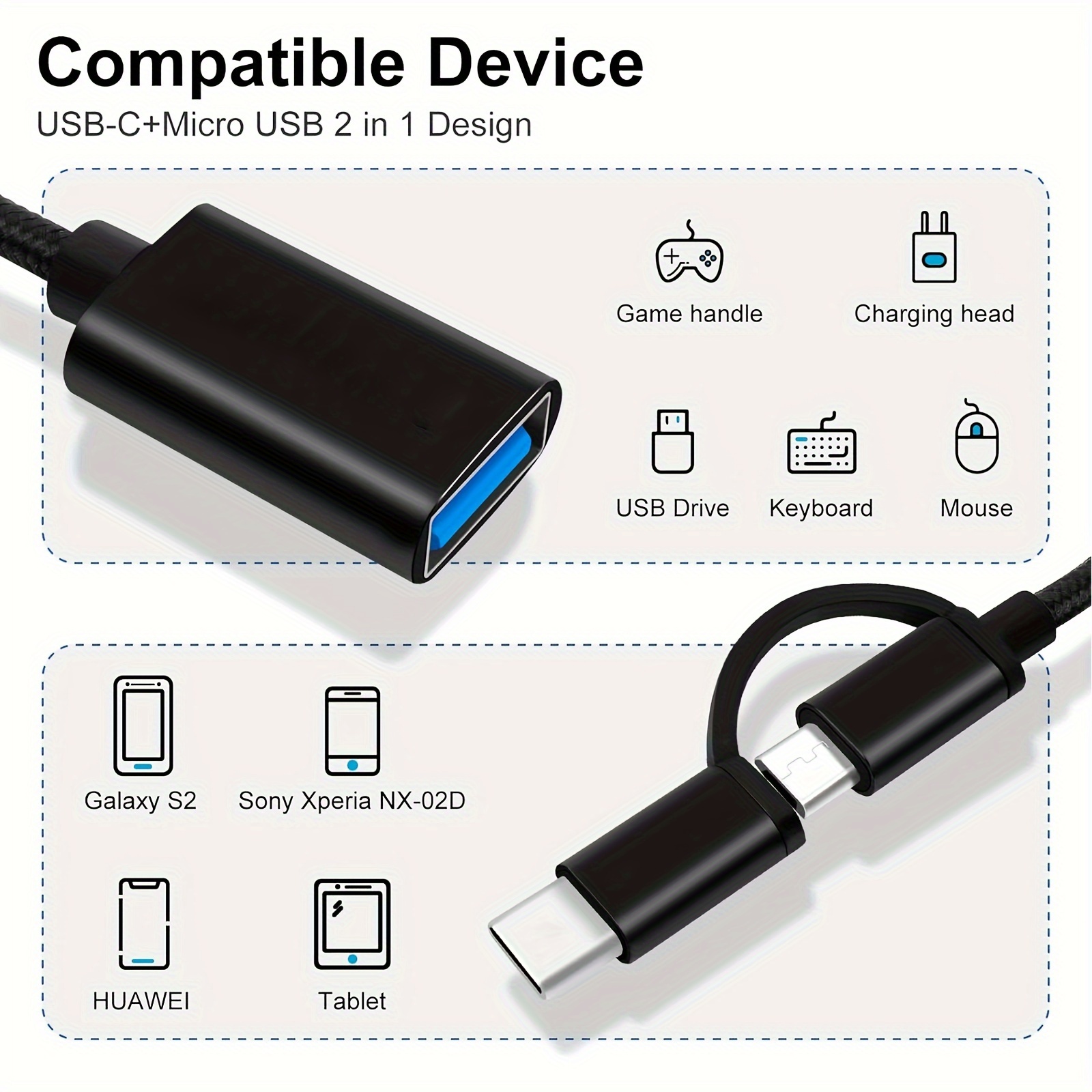 2-en-1 Adaptateur USB C-Micro vers USB, USB C vers USB, Cable