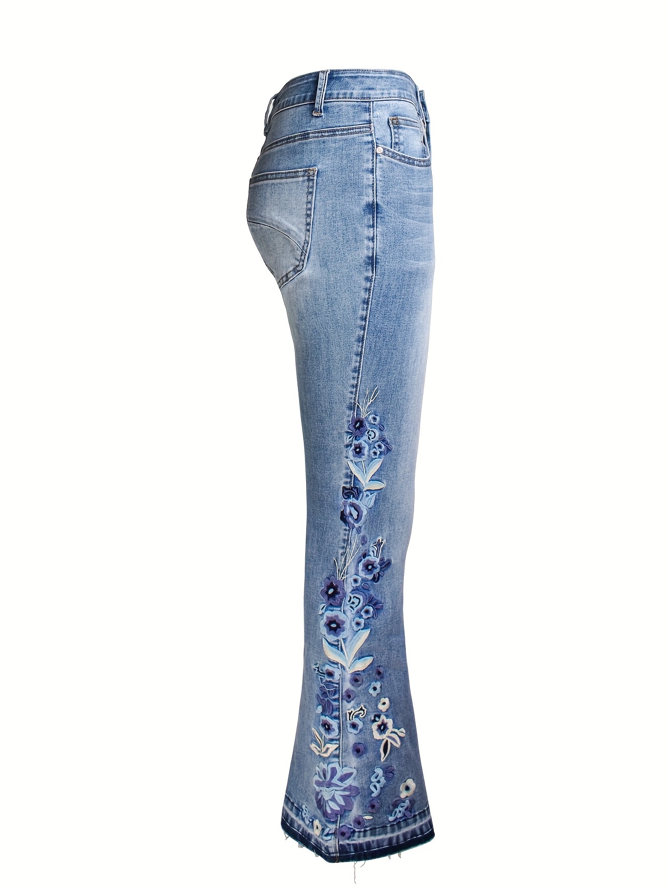 Floral Side Print Leg Flare Jeans High Rise Water Ripple - Temu Japan
