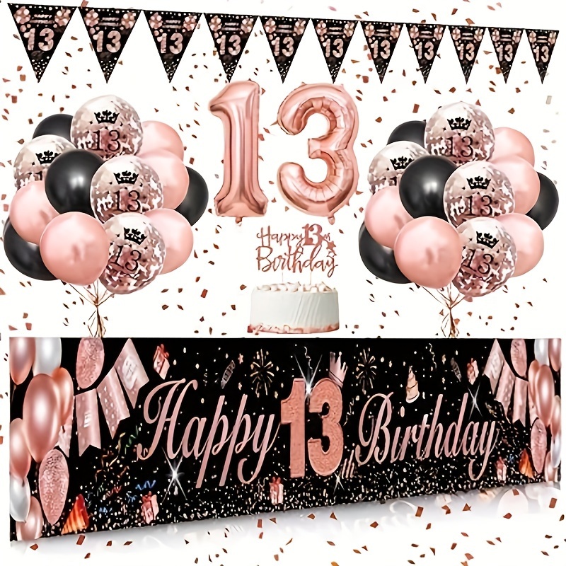 

Girls' 13th Birthday Celebration Kit - Rose Golden & Black Party Decor With Happy 13 Banner, Number Balloons, And Confetti Balloons Birthday Party Decorations Princess Party Decorations