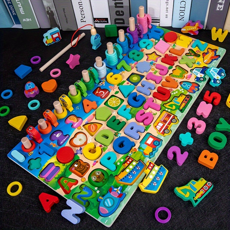 

Montessori Educational Wooden Toys, Children's Preschool Number Letter Traffic Fishing Busy Board Math Toy Counting Geometry