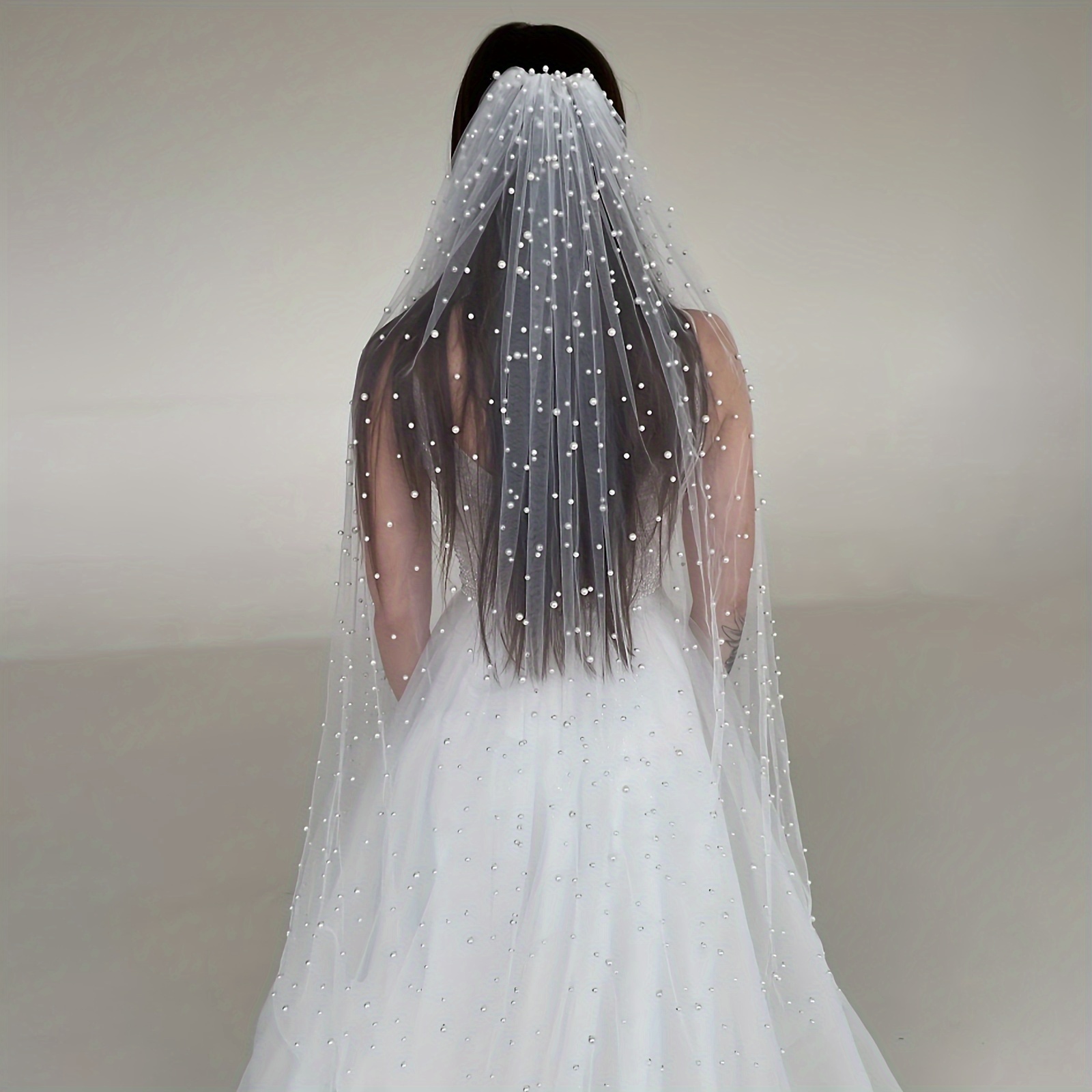1pc High-end Bridal Veil Cathedral Length Beaded Veil Glamorous Wedding Dress, Dress for Wedding Hair Accessories,Temu