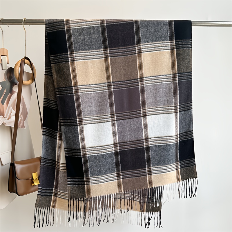 Stylish Jacquard Plaid Fringe Scarf Imitation Cashmere - Temu