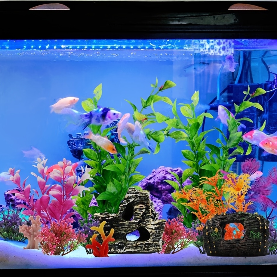 15pcs Fish Tank Decorations Plants With Resin Broken Barrel And Cave Rock  View, Plastic Plants