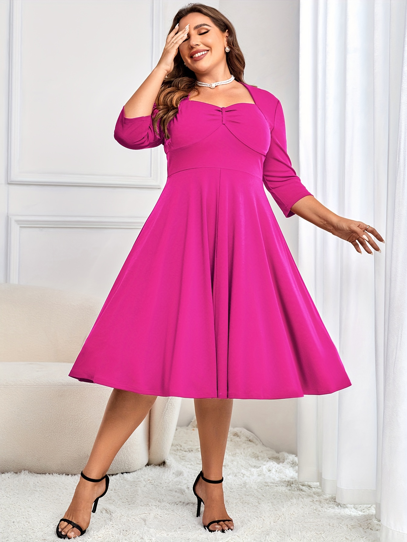 Elegant Plus Size Midi Dress, Vintage 1950'* Neck A-Line Swing, Knitted  Polyester with Elastane, Solid Color, Regular Sleeve, Ball Gown Hem, Al