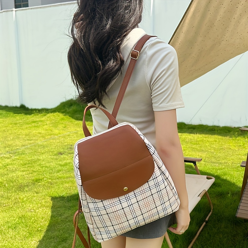 Brown Vintage Grid Convertible Backpack Purse, Retro Anti-Theft Travel Bag,  Women's Preppy Back To School Bag