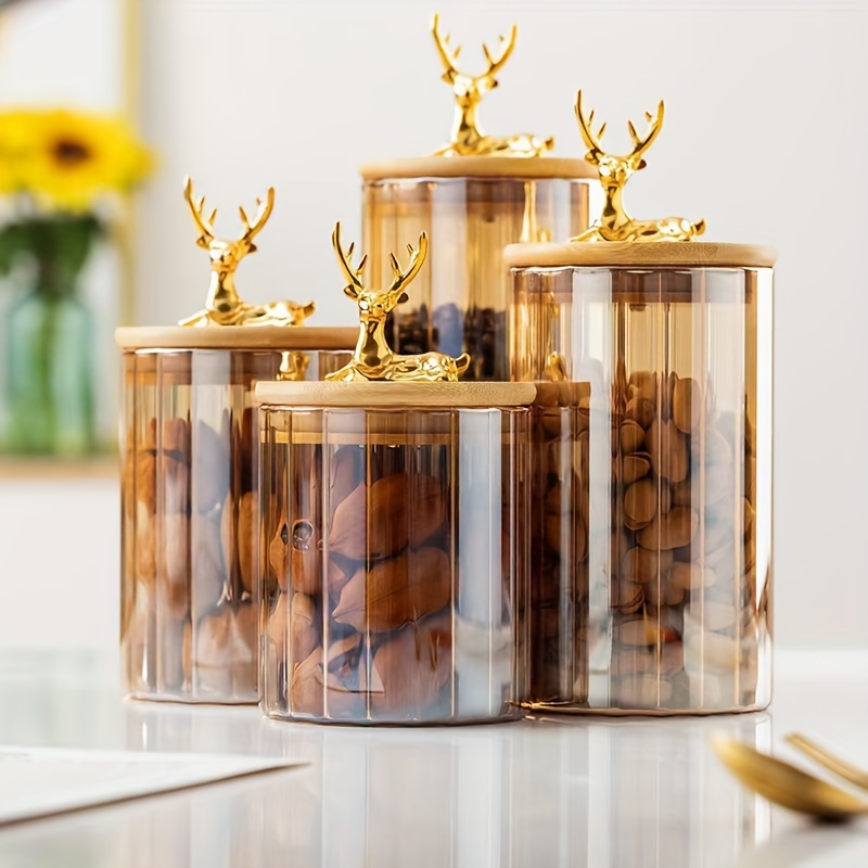 Glass Sealed Jar Amber Flower Lid Food Grade Nut Coffee Bean Bottle  Organizer Tea Cans Large-capacity Kitchen Storage Container