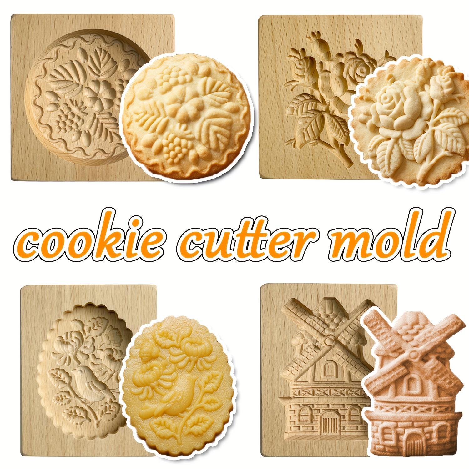 Moldes de madera para galletas, molde de madera tallada para hornear, molde  de galletas de cocina, cortador de galletas de madera, moldes de prensa en
