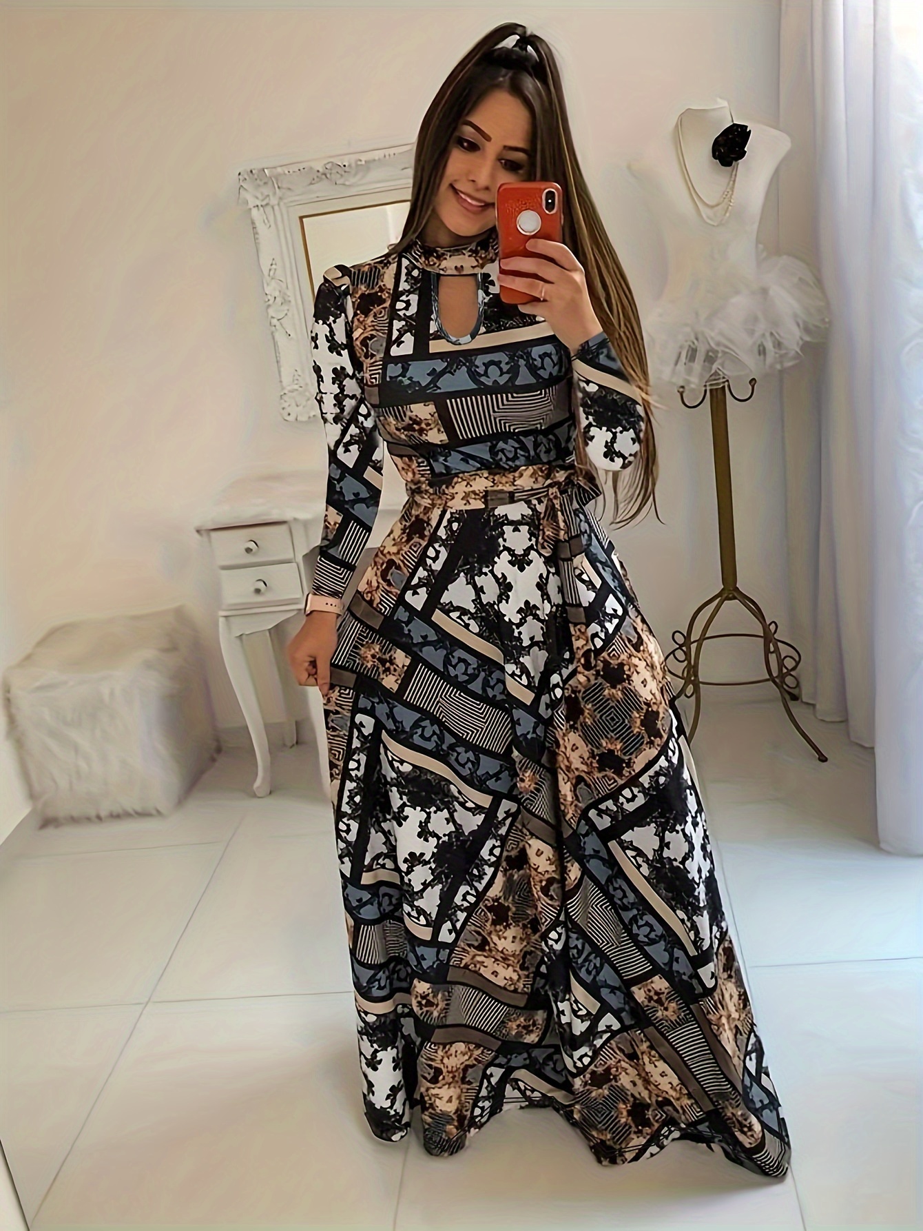 floral print pleated dress elegant long sleeve maxi party dress womens clothing