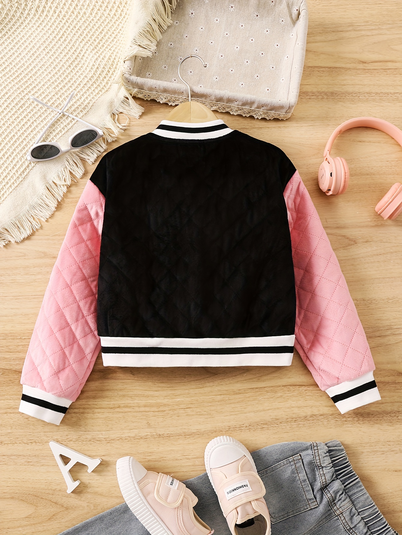 Girls Stylish Argyle Textured Contrast Color Letter Embroidery Baseball  Bomber Jacket Coat