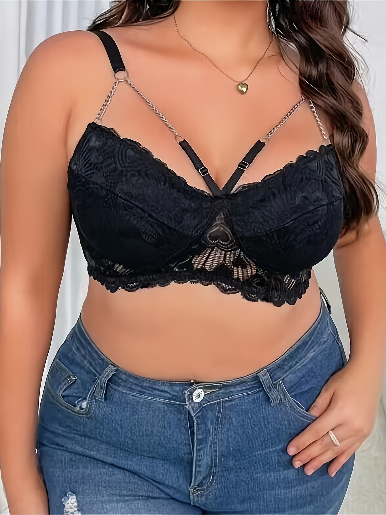 Strapless Bras For Women For Large Halter Neck Lace Hollow Out Criss Cross  Back Lace Deep V Scalloped Strappy Lette Black Sports Bra XL 