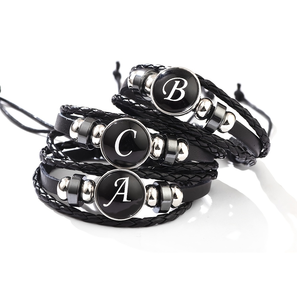 Classic European and American Style Minimalist Bracelet,  and Fashionable 26 English Letters Woven PU Leather Black Onyx Bracelet Jewelry