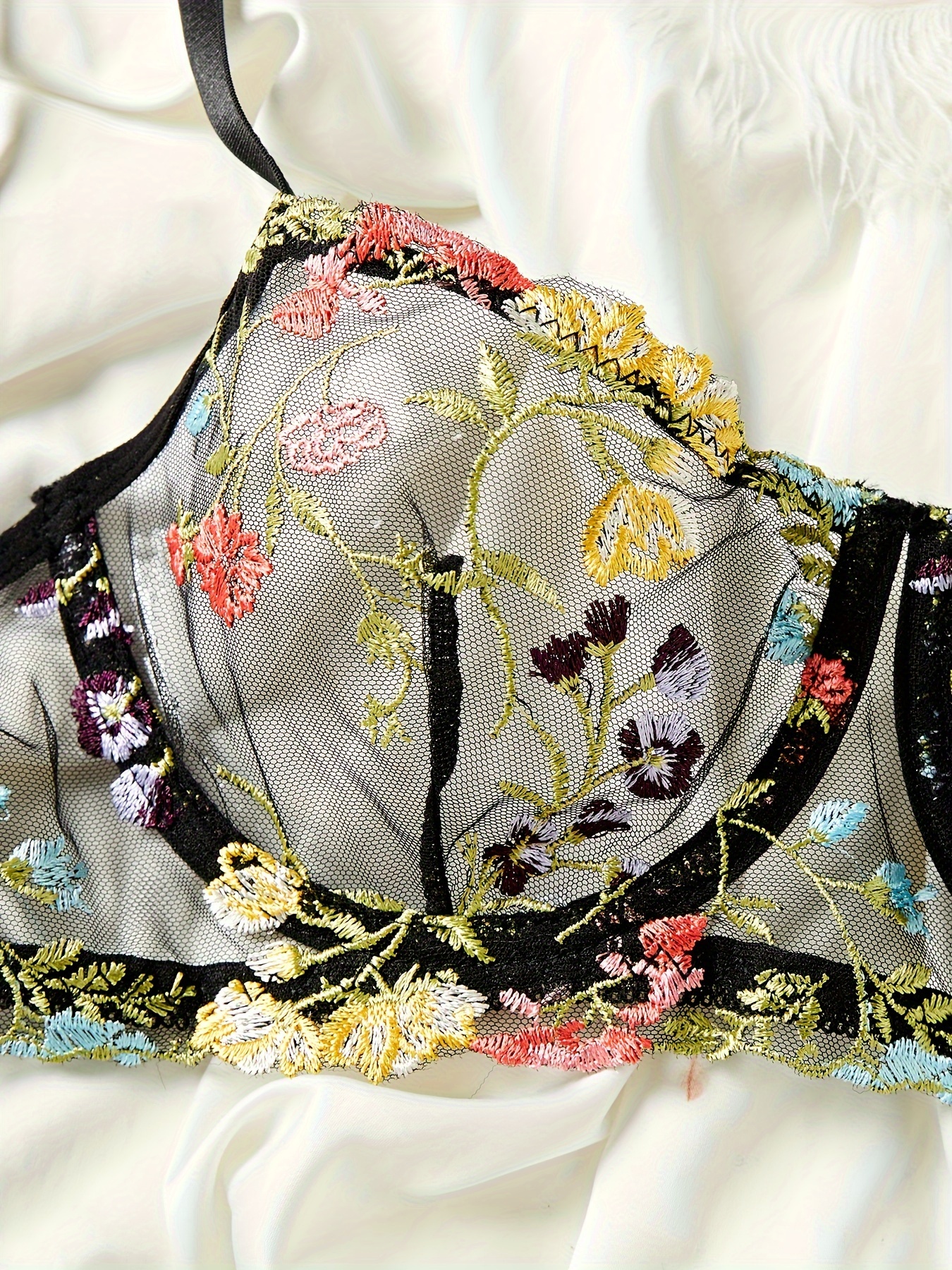 Floral Embroidery Bow Semi Sheer Lingerie Set, Intimates Bra & Thong &  Garter Belt, Women's Sexy Lingerie & Underwear
