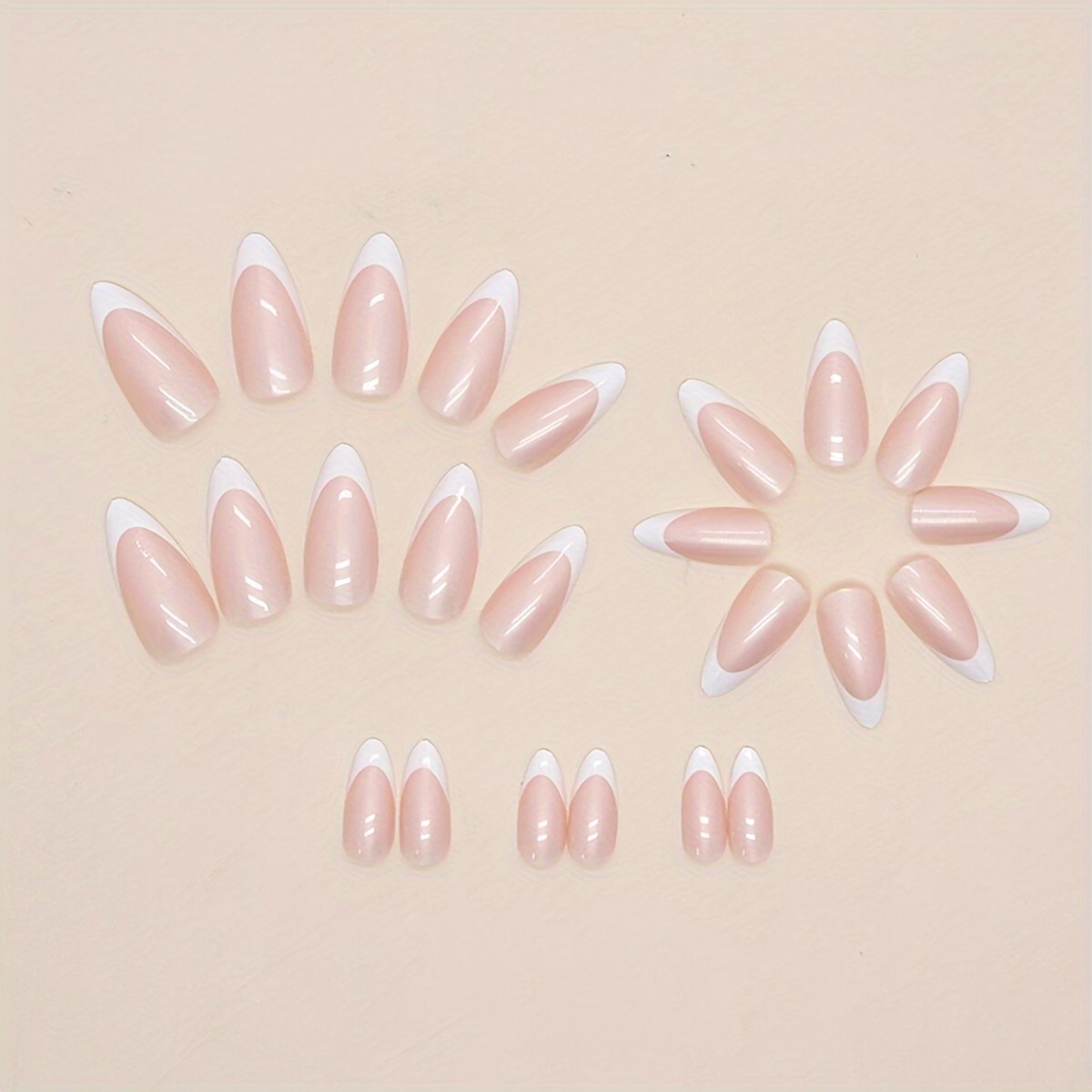 24pcs glossy pinkish almond fake nails medium long white french tip press on nails sweet cool false nails for women girls daily wear details 1