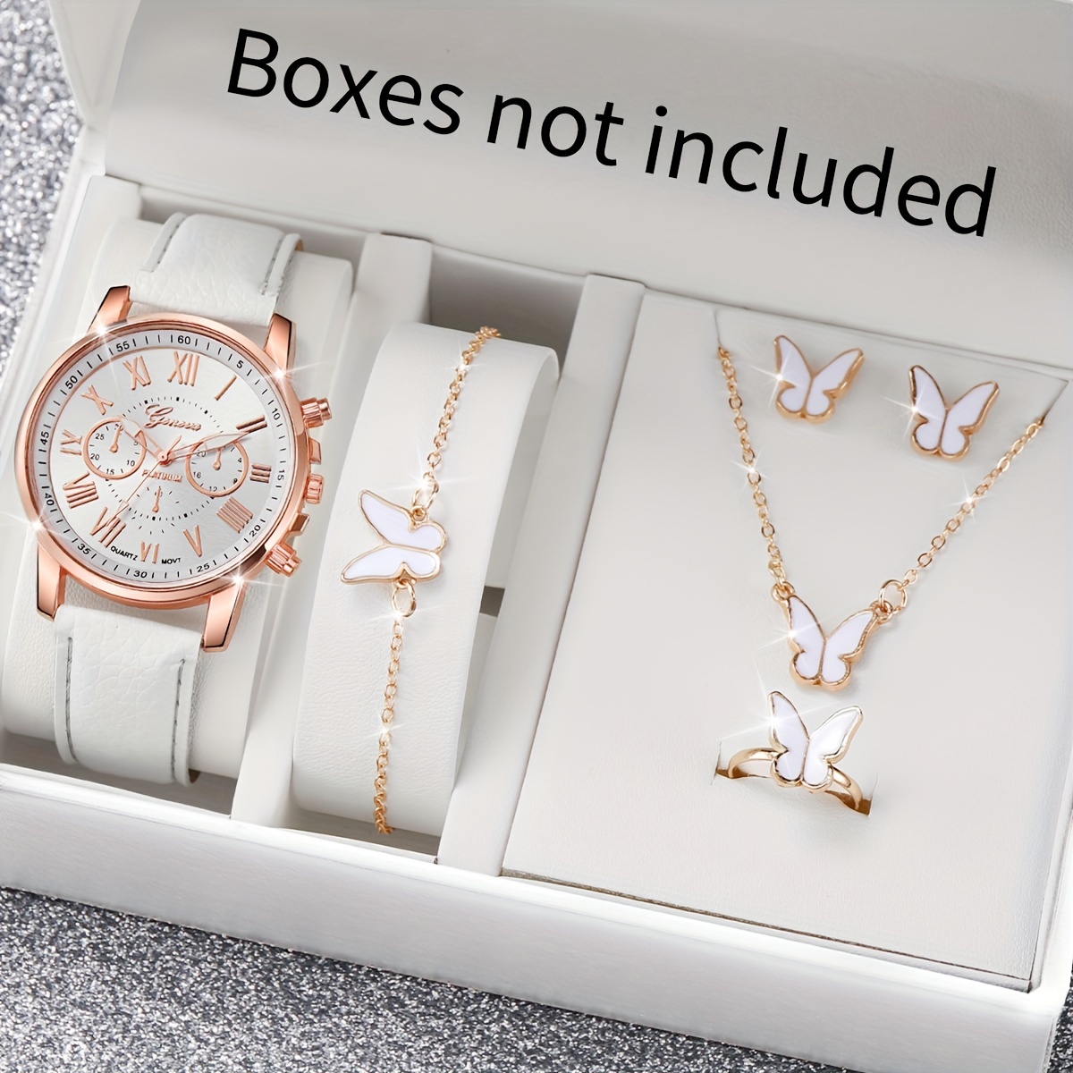 

6pcs/set Women's Watch Casual Round Pointer Quartz Watch Analog Pu Leather Wrist Watch & Butterfly Jewelry Set, Gift For Mom Her