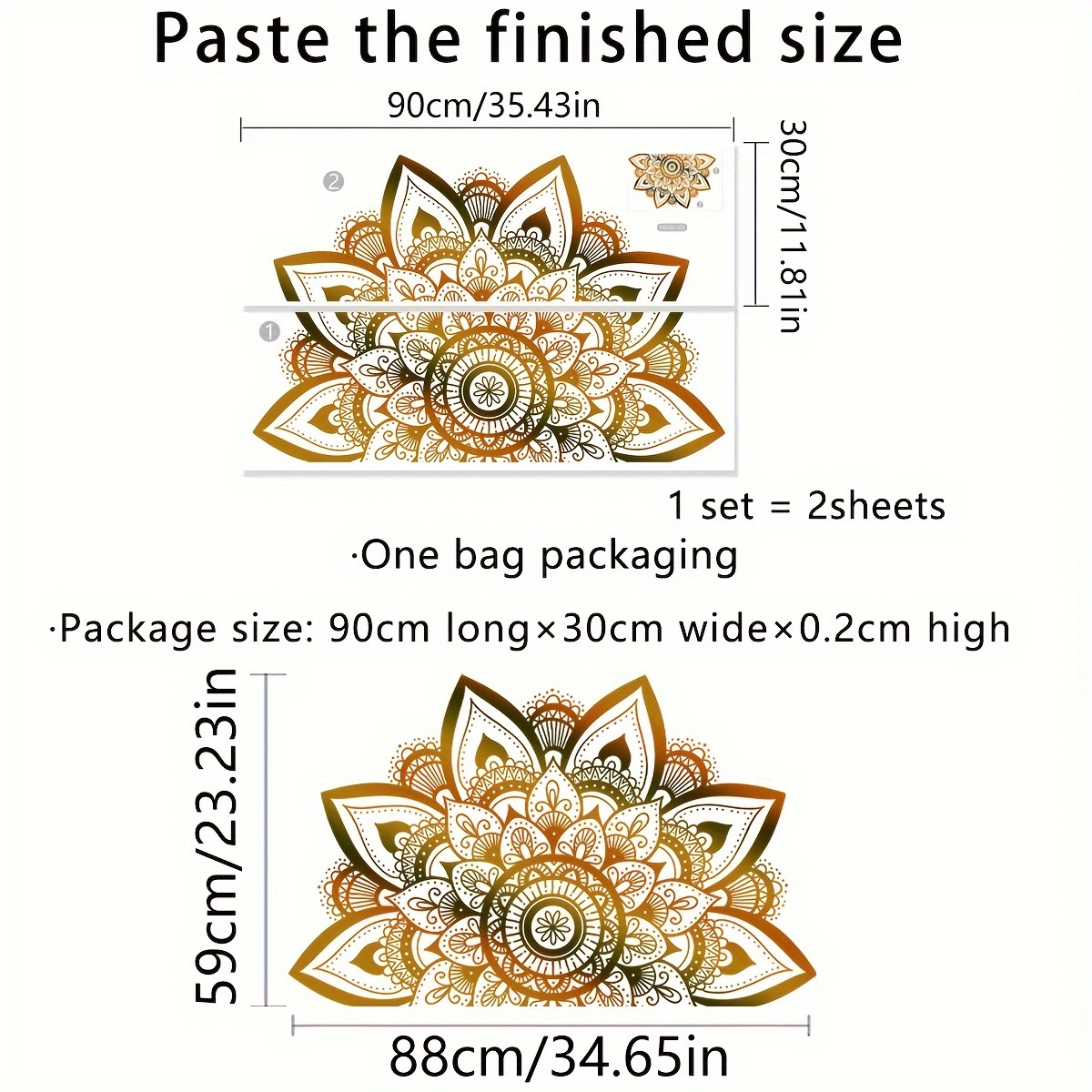 Image of Set Of 2 Creative Lotus Wall Sticker, Golden Mandala Pattern Self-adhesive Wall Stickers, Bedroom Entryway Living Room Porch Home Decoration Wall Stickers, Removable Stickers, Wall Decor Decals