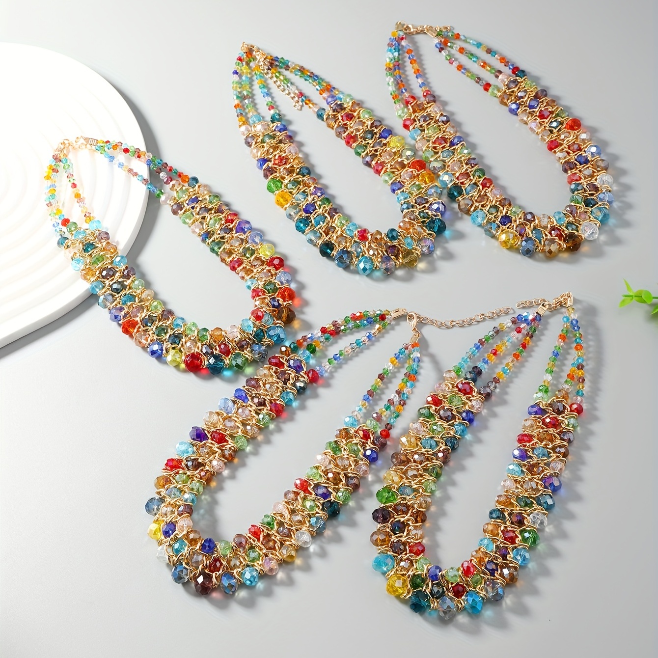 Multicolor Triple Row Crystal Beaded Necklace, Summer Beach Decor