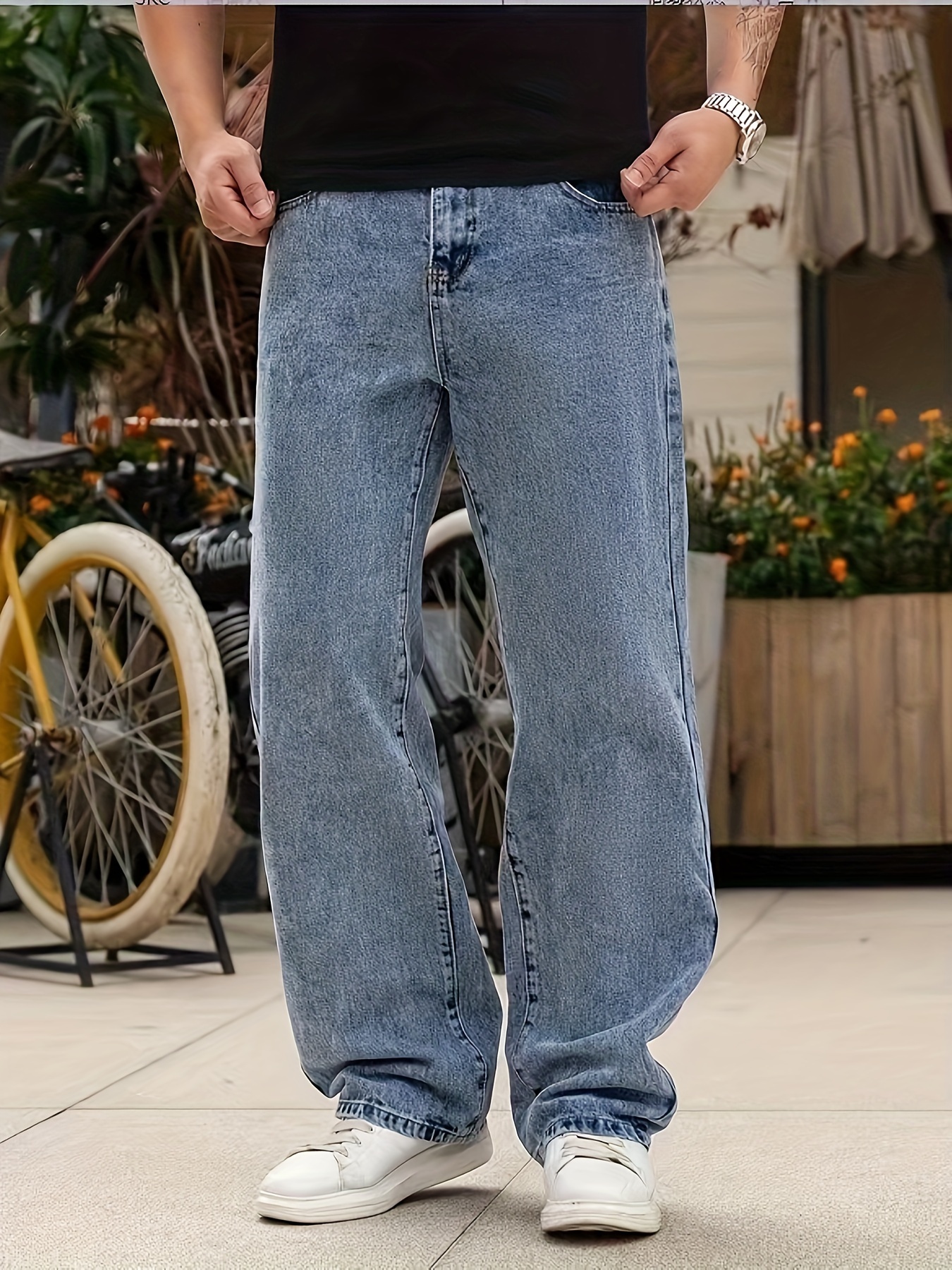 Men's Casual Loose Fit Jeans, Street Style Baggy Denim Pants