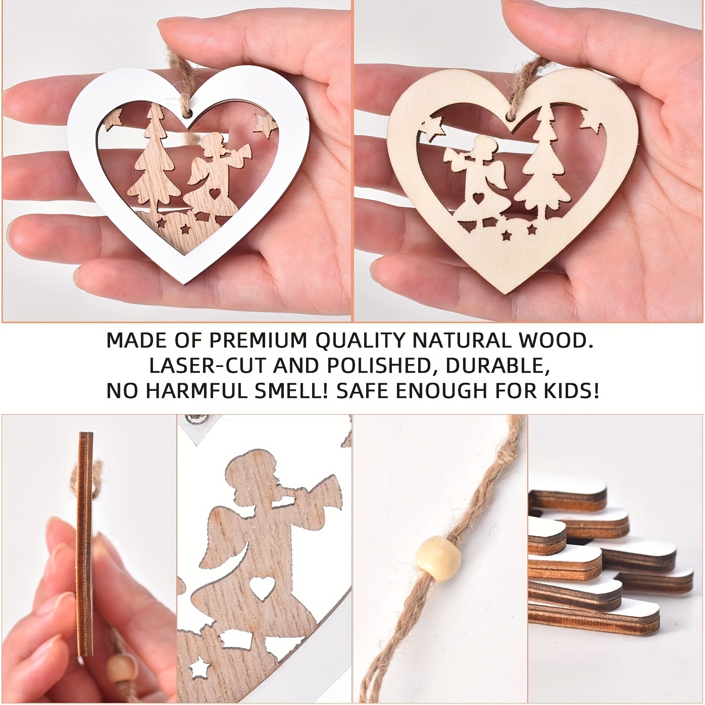 Wooden Christmas Heart Ornaments ~ Set of 3