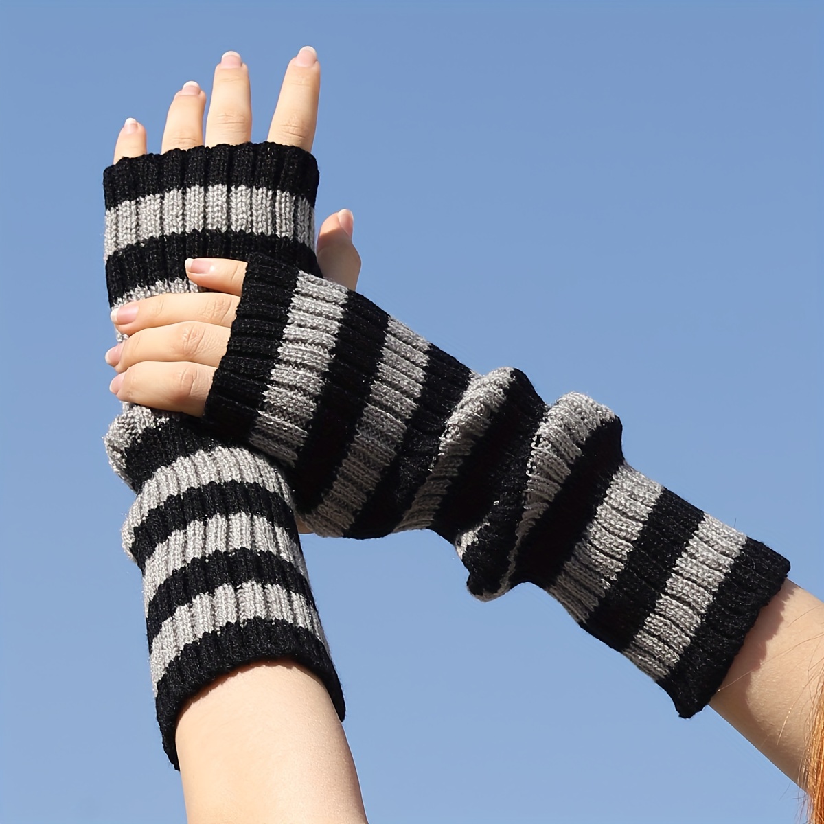 Y2K Winter Fingerless Gloves, Hip-Hop Streetwear Warm Elastic Knitting Arm Warmer for Women,Temu