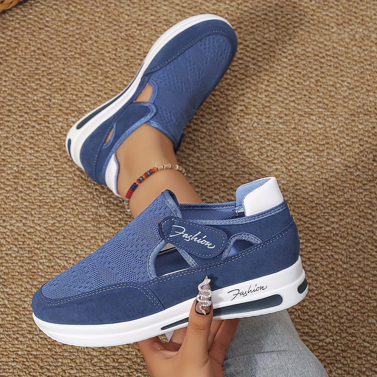 Women's Knit Platform Sneakers Hook & Loop Shoes Cutout Comfortable Outdoor