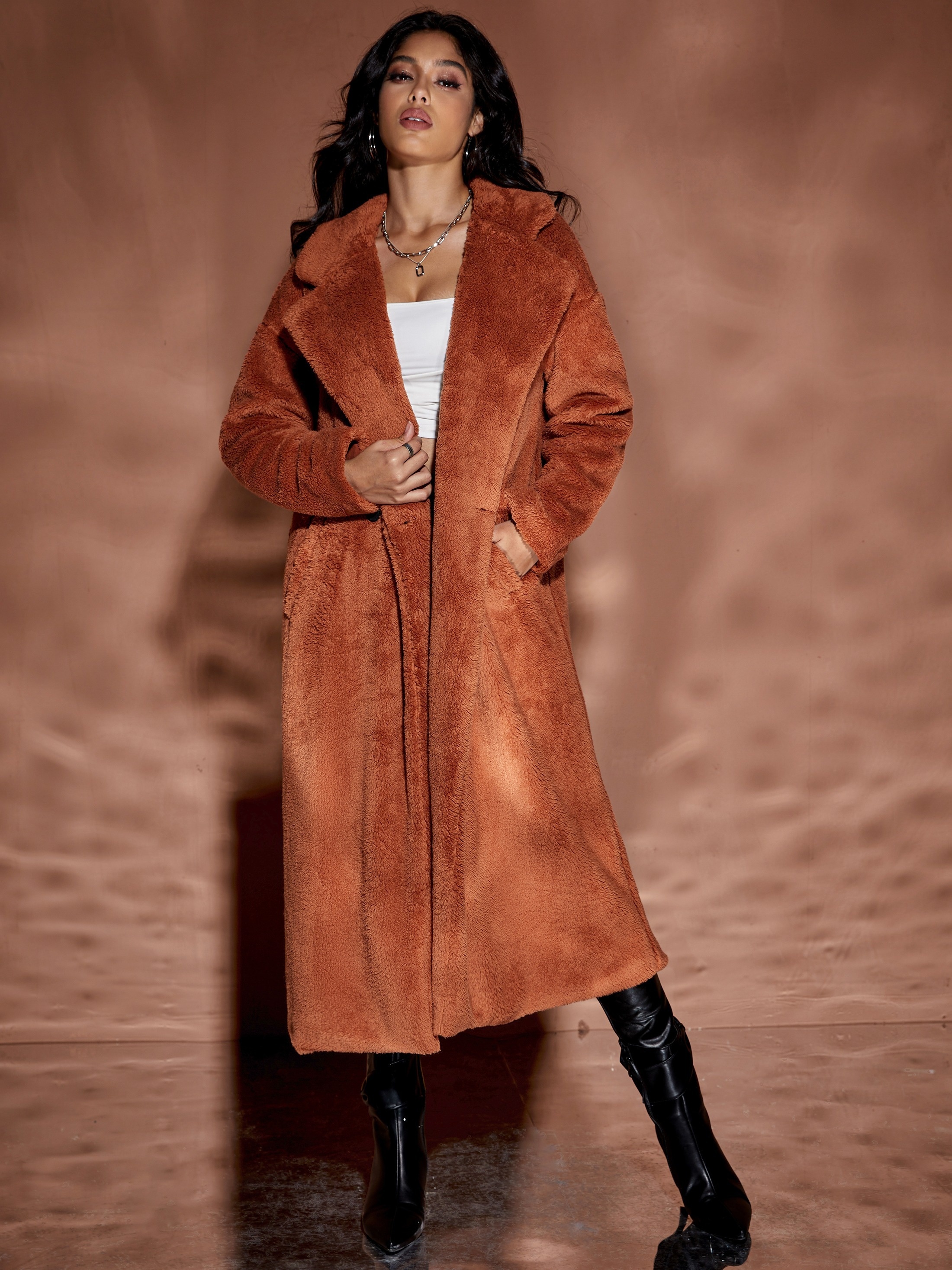 Fuzzy Solid Length Overcoat Casual Open Front Long - Temu Canada